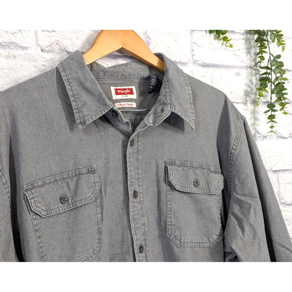 2XL CHAMBRAY🤠Wrangler Shirt Men Denim Button Workwear Classic Comfort Farm Flex